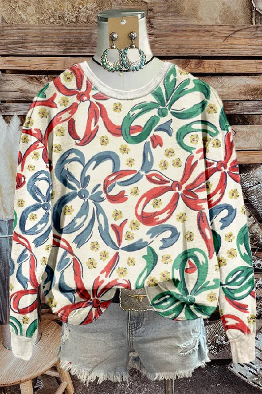 Sweet Christmas Bow Print Sweatshirt Hoodie with Ribbed Hem Stretchable Secure