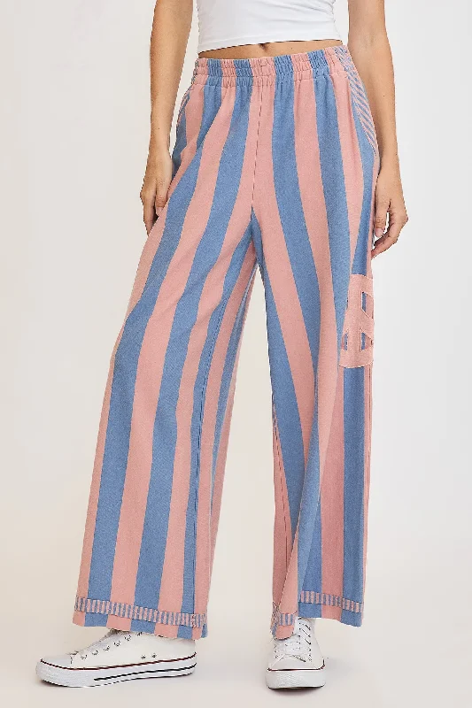 Umgee Peace Sign Patch Striped Wide Leg Pants Comfortable Maternity Pants