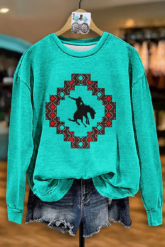 Vintage Western Rodeo Print Sweatshirt Zip Hoodie Drawstring Kangaroo Pocket