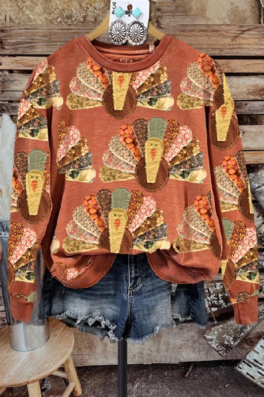 Contrast Color Turkey Crewneck Sweatshirt Hoodie with Hem Fringe Bohemian Relaxed