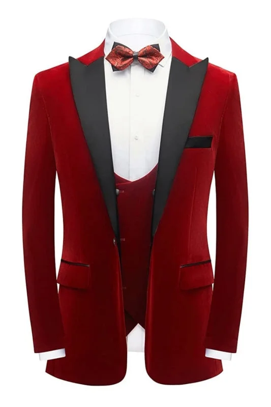 Three Pieces Red Velvet Prom Suits Peaked Lapel Jacket Vest Pants Collared Jacket Crew Neck Jacket Turtle Neck Jacket Three Pieces Red Velvet Prom Suits Peaked Lapel Jacket Vest Pants Collared Jacket Crew Neck Jacket Turtle Neck Jacket