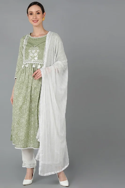 Ahika Green Cotton Yoke Design Bandhani Printed Straight Kurta Pant With Dupatta Comfortable Denim Leggings