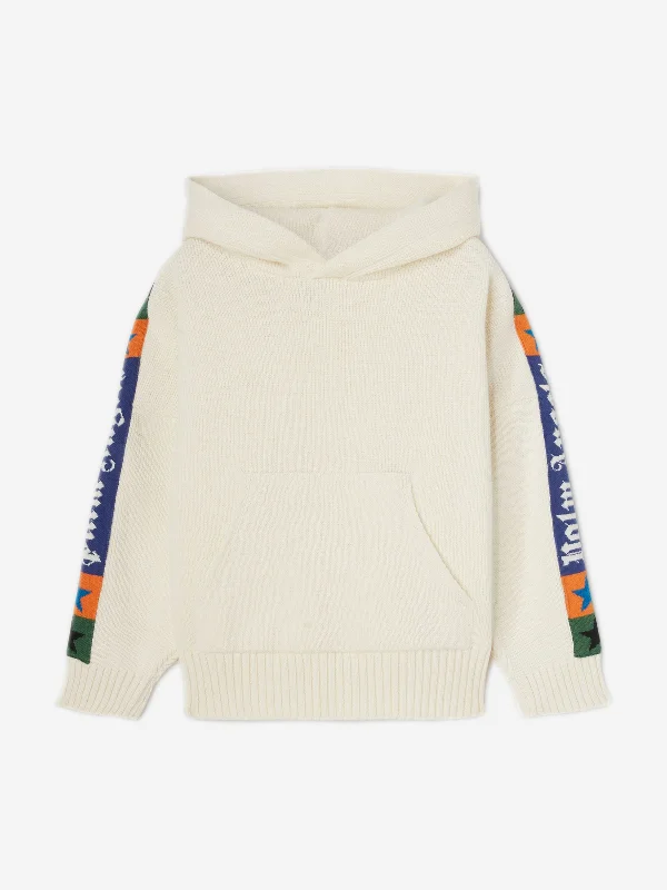 Palm Angels Kids Jacquard Logo Band Hoodie in Ivory Hoodie with Bell Sleeves Flared Feminine Palm Angels Kids Jacquard Logo Band Hoodie in Ivory Hoodie with Bell Sleeves Flared Feminine