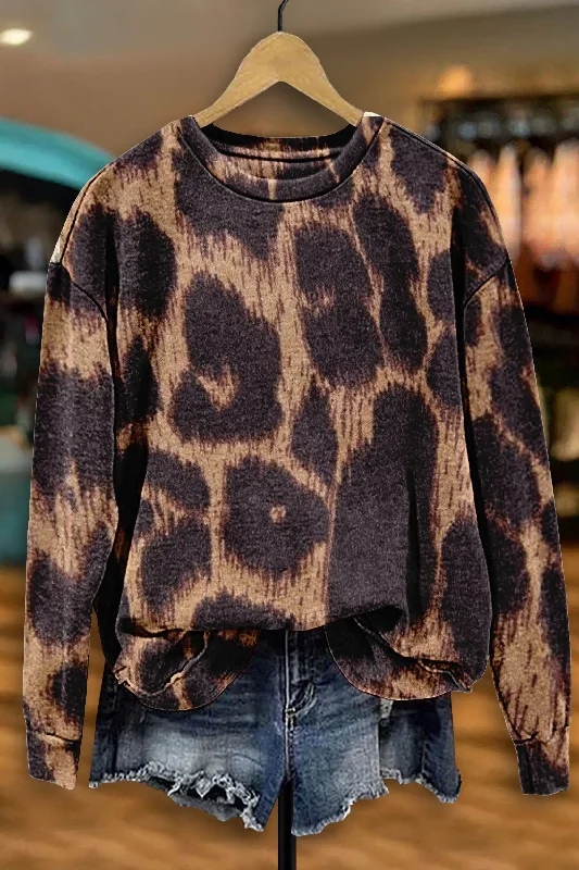 Vintage Leopard Print Sweatshirt Hoodie with Elastic Waist Stretchable Comfortable