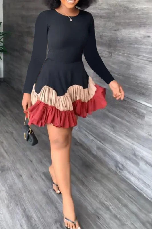 Color Block Classic Tiered Ruffle Mini Dress Comfortable Ruffle Mini Dress