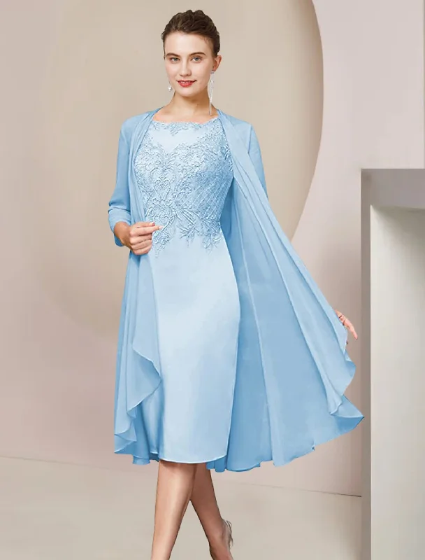 Two Piece Sheath / Column Mother of the Bride Dress Formal Wedding Guest Elegant Scoop Neck Knee Length Chiffon Lace Half Sleeve Jacket Dresses with Appliques One-Shoulder Jacket Off-the-Shoulder Jacket Asymmetrical Jacket Two Piece Sheath / Column Mother of the Bride Dress Formal Wedding Guest Elegant Scoop Neck Knee Length Chiffon Lace Half Sleeve Jacket Dresses with Appliques One-Shoulder Jacket Off-the-Shoulder Jacket Asymmetrical Jacket