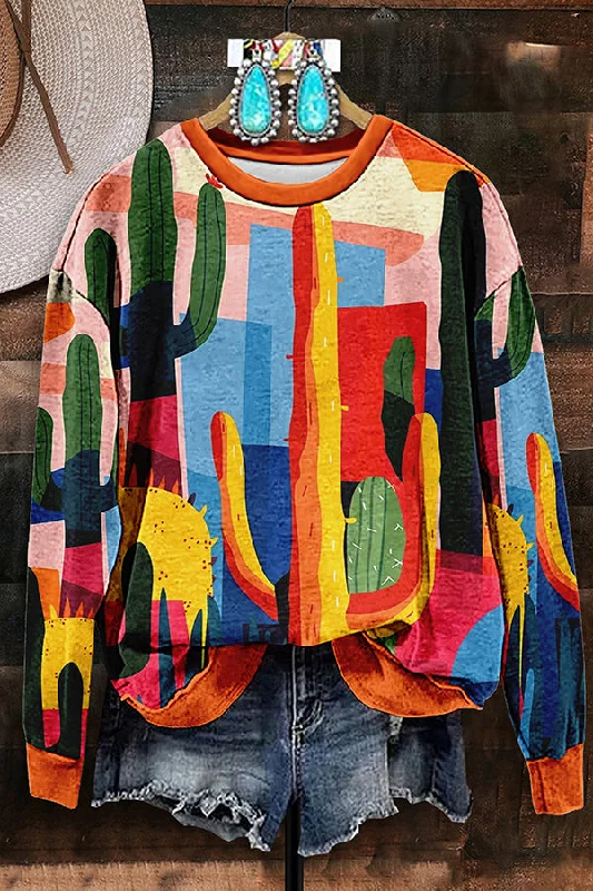 Unique Painted Cactus Print Sweatshirt Hoodie with Snap Buttons Easy Quick