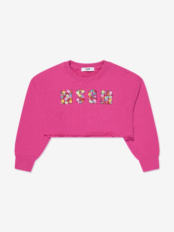 MSGM Girls Cropped Logo Sweatshirt in Pink Hoodie with Hem Contrast Bold Stylish
