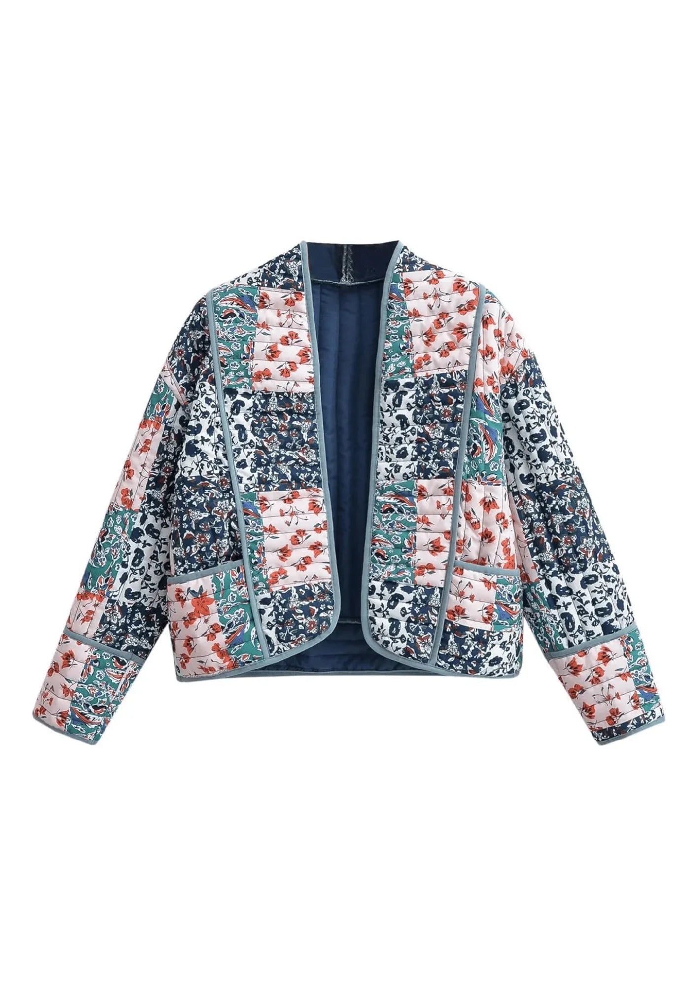 BLUE FLORAL QUILTED JACKET Collared Jacket Crew Neck Jacket Turtle Neck Jacket