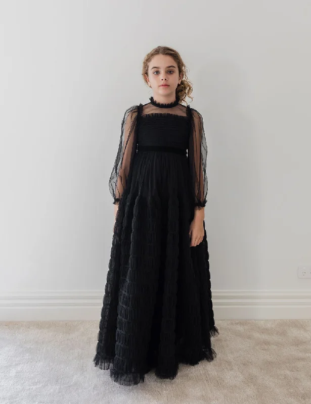 1251-Smocked Tulle Dress-Black Tunics Seasonal trendy