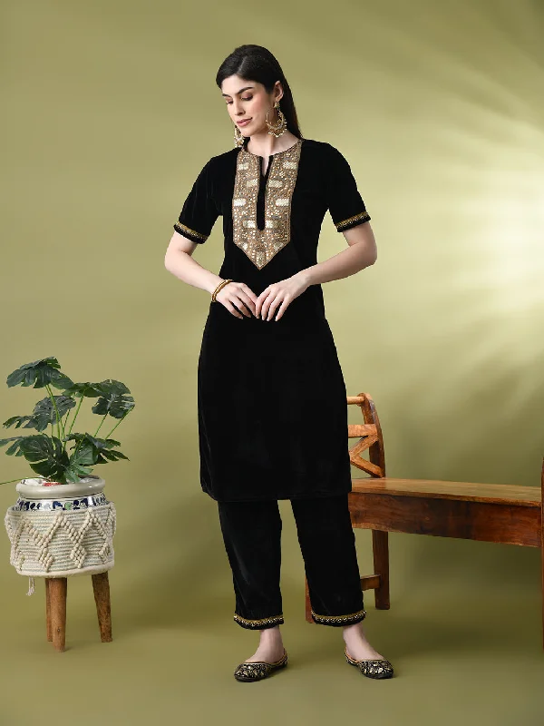 Myshka Women's Black Velvet Kurta Pant With Dupatta Set Trendy Velvet Pants