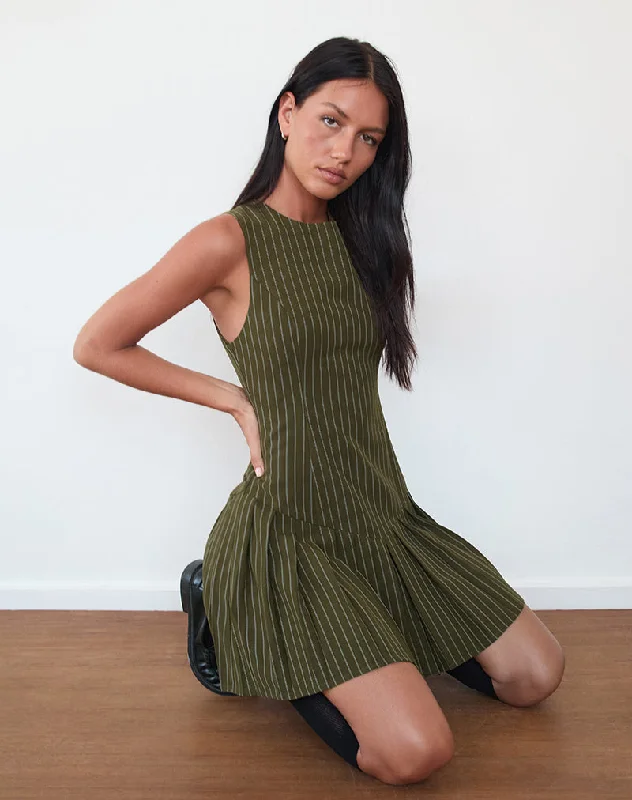 Semasa Mini Dress in Khaki Pinstripe Trendy Wraparound Mini Dress