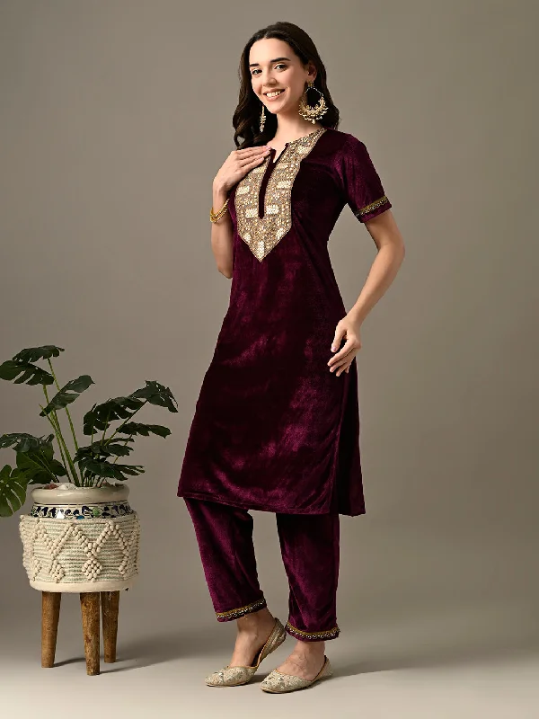 Myshka Women's Magenta Velvet Kurta Pant High-Waist Jogger Pants