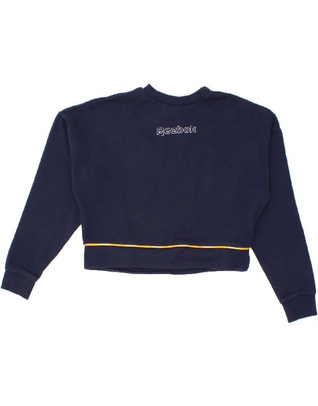REEBOK Womens Oversized Crop Graphic Sweatshirt Jumper UK 4/6 XS Navy Blue Hoodie with Bell Sleeves Flared Feminine REEBOK Womens Oversized Crop Graphic Sweatshirt Jumper UK 4/6 XS Navy Blue Hoodie with Bell Sleeves Flared Feminine