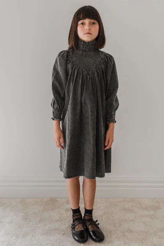 1254-Chambray Shirred Neck Babydoll Dress Off-the-shoulder Chic Trendy