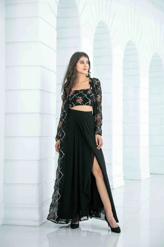 Women's Black Slit Dhoti With Jacket - Label Shaurya Sanadhya Toggled Jacket Drawstring Jacket Belted Jacket