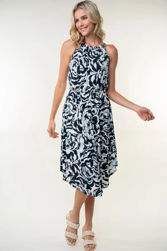 Blue Zone Planet |  White Birch Tied Ruched Floral Sleeveless Knee Length Dress Tunics Fashionable chic