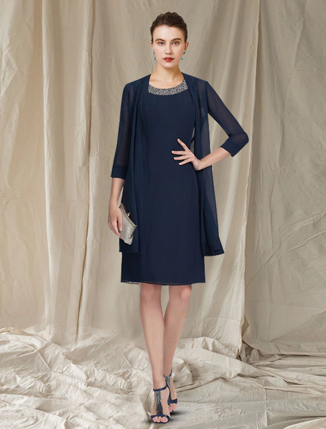 Two Piece Sheath / Column Mother of the Bride Dress Elegant Jewel Neck Knee Length Chiffon Sleeveless Jacket Dresses with Beading Sequin Print Jacket Jacquard Jacket Embroidered Jacket Two Piece Sheath / Column Mother of the Bride Dress Elegant Jewel Neck Knee Length Chiffon Sleeveless Jacket Dresses with Beading Sequin Print Jacket Jacquard Jacket Embroidered Jacket