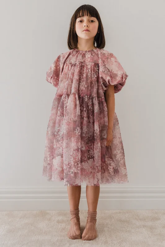 1249B-Hydrangea Printed Tulle Dress 3/4 SLV Tunics Prom sequined