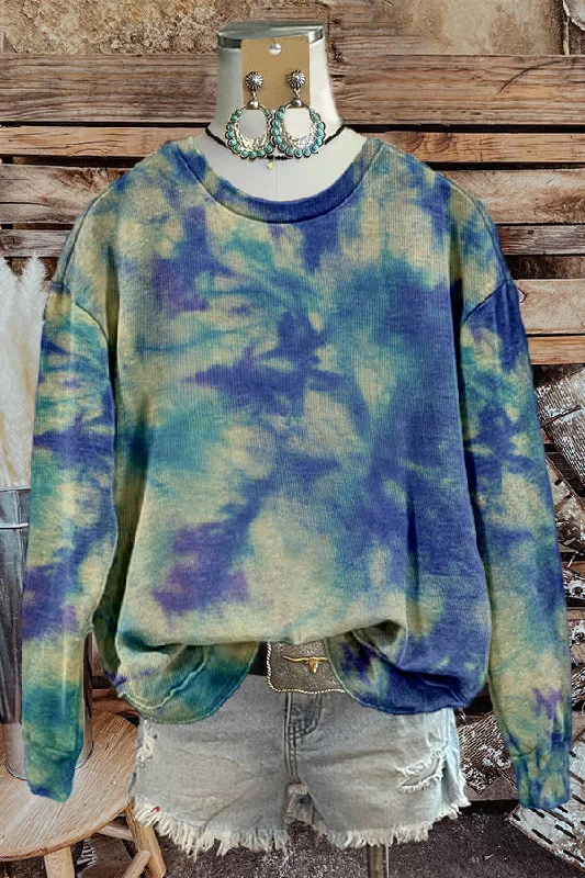 Unique Dreamy Tie-dye Print Sweatshirt Hoodie with Tied Waist Feminine Flattering