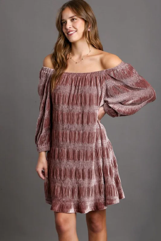 Umgee Off-Shoulder Balloon Sleeve Velvet Mini Dress Fashionable Mini Dress with Pockets
