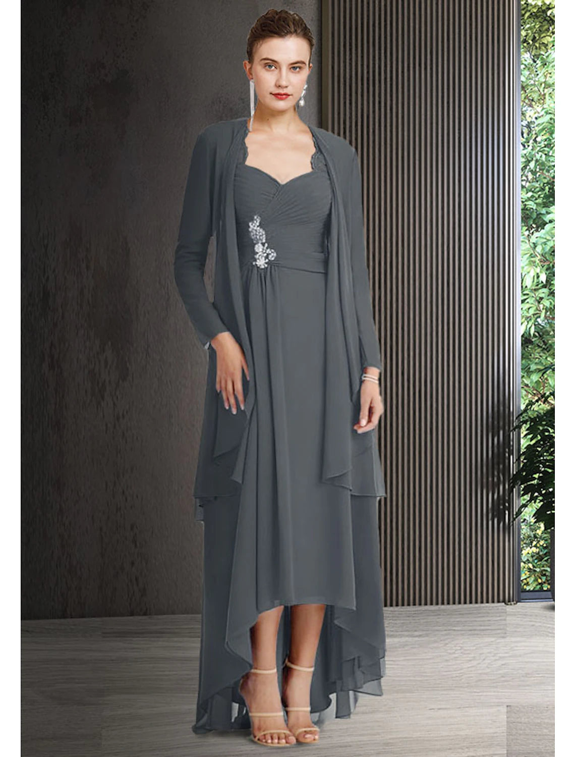 Two Piece Sheath / Column Mother of the Bride Dress Elegant High Low Bateau Neck Asymmetrical Chiffon Lace 3/4 Length Sleeve Jacket Dresses with Draping Crystal Brooch Appliqued Jacket Beaded Jacket Sequined Jacket Two Piece Sheath / Column Mother of the Bride Dress Elegant High Low Bateau Neck Asymmetrical Chiffon Lace 3/4 Length Sleeve Jacket Dresses with Draping Crystal Brooch Appliqued Jacket Beaded Jacket Sequined Jacket