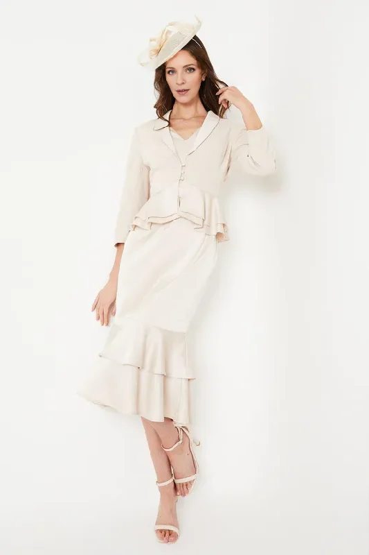 Satin Back Crepe Dress Peplum Mermaid Mother of the Bride Dresse With Jacket Front Pockets Side Pockets Patch Pockets Satin Back Crepe Dress Peplum Mermaid Mother of the Bride Dresse With Jacket Front Pockets Side Pockets Patch Pockets