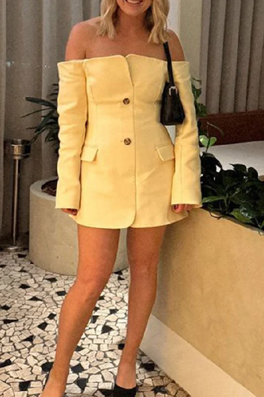 Solid Color Off Shoulder Stunning Single Breasted Mini Dress Comfortable Casual Mini Dress