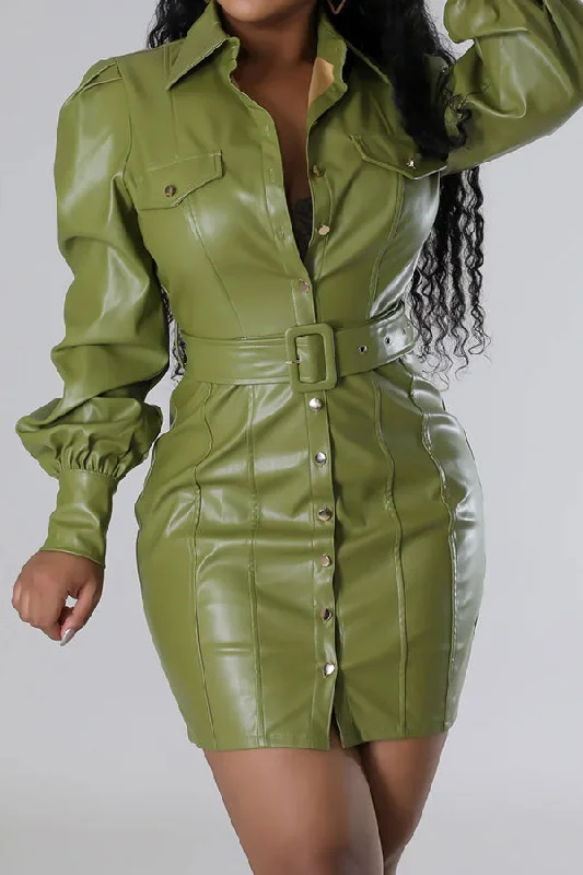 Solid Color PU Commuting Single Breasted Mini Dress Classic Shift Mini Dress