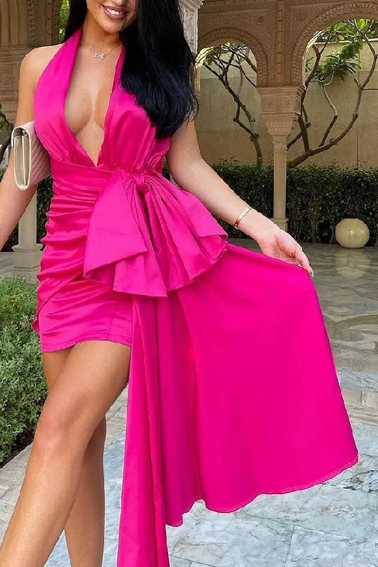Solid Color Elegant Bowknot Ribbon Design Mini Dress Stylish Ribbed Mini Dress