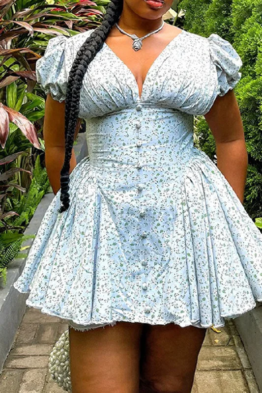 Floral Print Puff Sleeve Urban Strappy Back Mini Dress Fashionable Boho-Chic Mini Dress