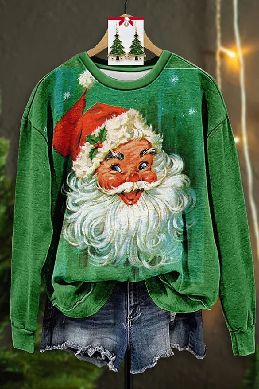 Vintage Santa Claus Painted Sweatshirt Hoodie with Front Slit Layering Stylish
