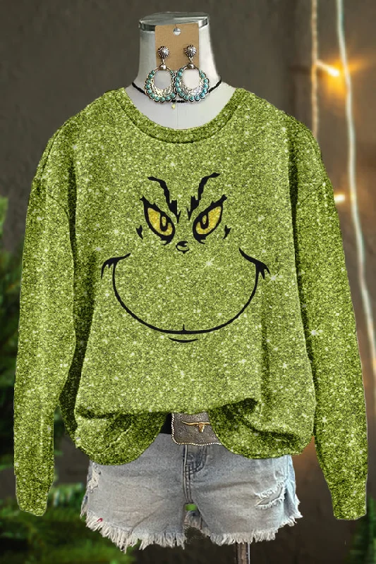 Shiny The Grinch Christmas Print Sweatshirt Hoodie with High Neck Warm Protective