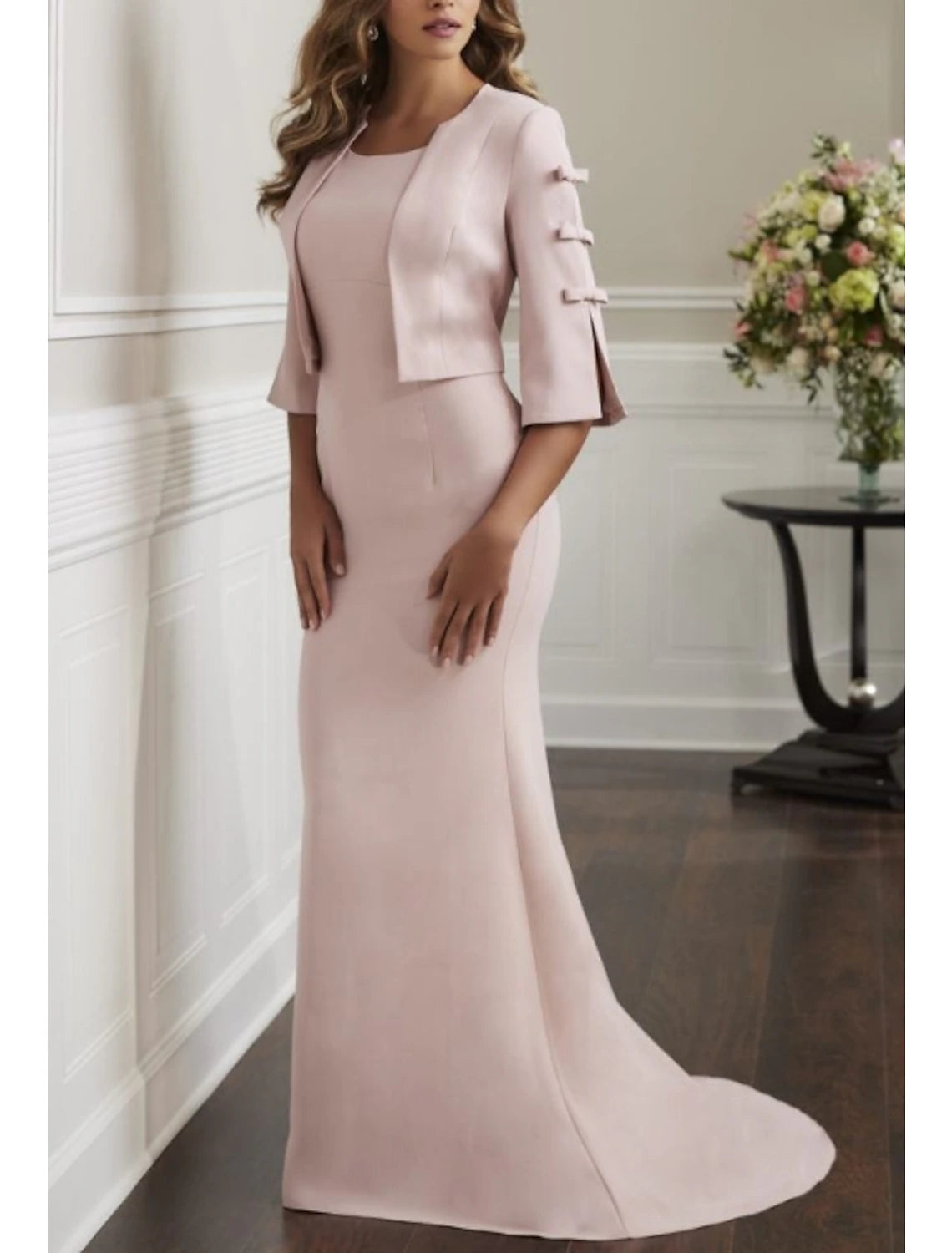 Two Piece Sheath / Column Mother of the Bride Dress Elegant With Jacket 3/4 Sleeve Scoop Neck Sweep / Brush Train Stretch Fabric Bow(s) Winter Belted Jacket Elasticated Jacket Padded Jacket Two Piece Sheath / Column Mother of the Bride Dress Elegant With Jacket 3/4 Sleeve Scoop Neck Sweep / Brush Train Stretch Fabric Bow(s) Winter Belted Jacket Elasticated Jacket Padded Jacket