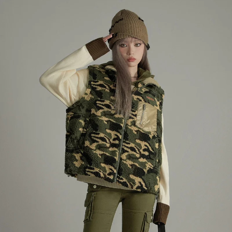 Camouflage Fleece Zip-Up Vest Jacket Knit Fabric Woven Fabric Fleece Fabric