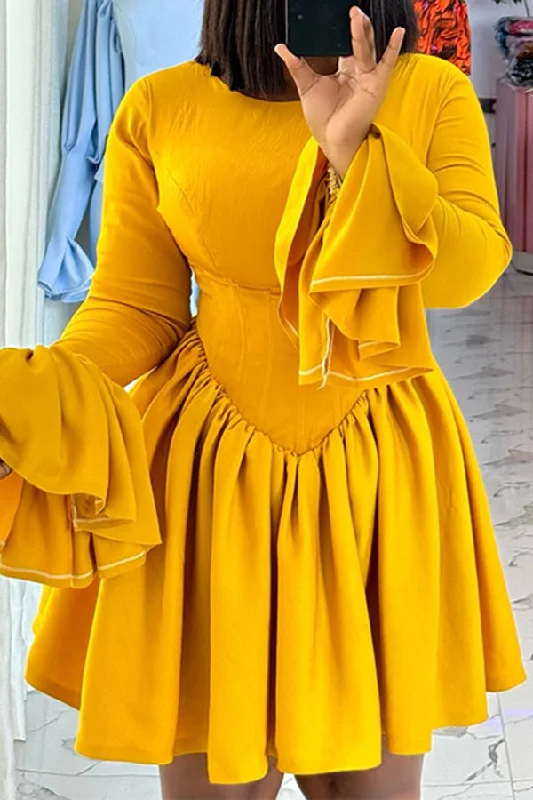 Solid Color Bell Sleeve Strappy Back Unusual Mini Dress Cozy Knit Mini Dress