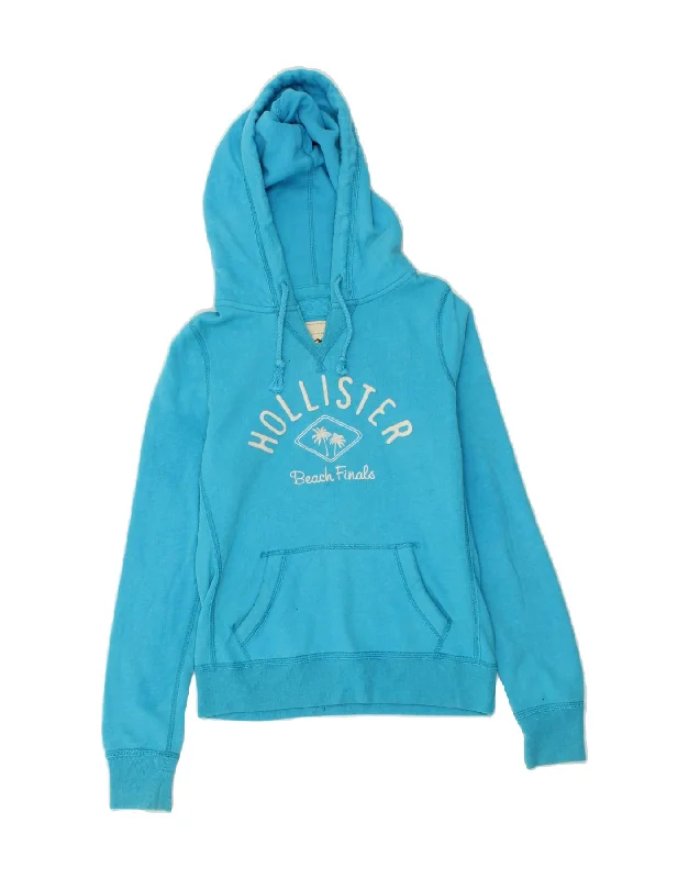 HOLLISTER Womens Graphic Hoodie Jumper UK 10 Small Blue Cotton Hoodie with Oversized Fit Loose Comfortable HOLLISTER Womens Graphic Hoodie Jumper UK 10 Small Blue Cotton Hoodie with Oversized Fit Loose Comfortable