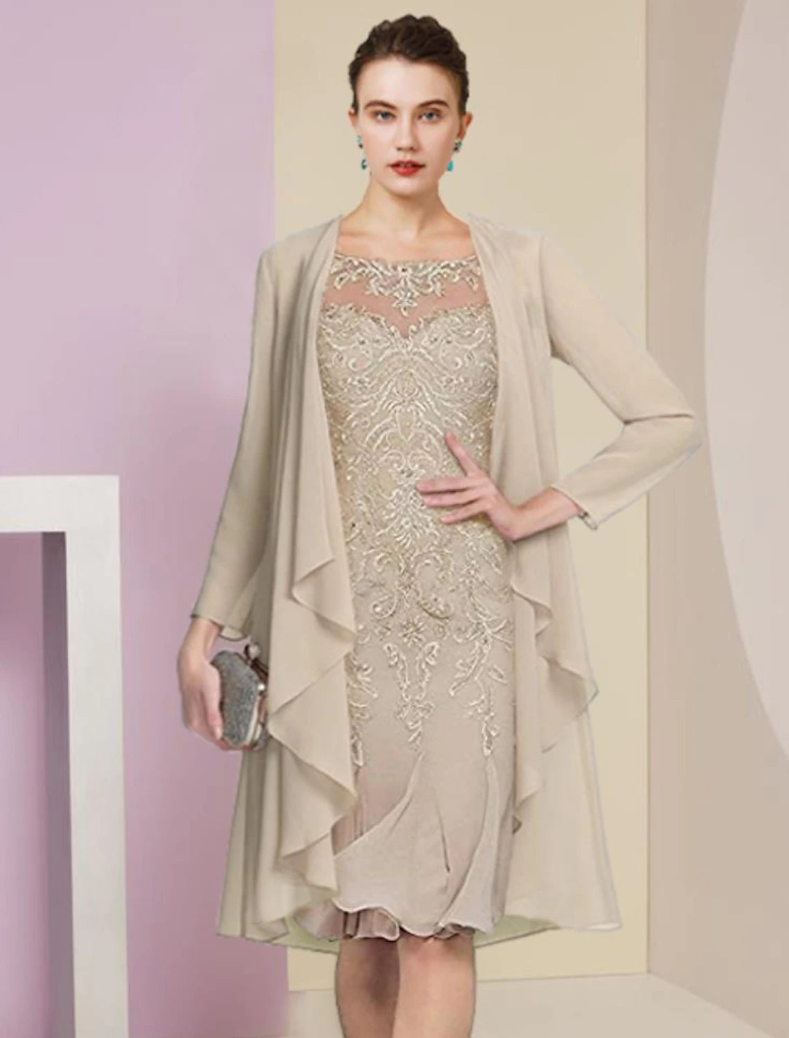 Two Piece Mermaid / Trumpet Mother of the Bride Dress Formal Wedding Guest Vintage Elegant Scoop Neck Knee Length Chiffon Lace Half Sleeve Jacket Dresses with Pleats Appliques Nylon Jacket Polyester Jacket Spandex Jacket Two Piece Mermaid / Trumpet Mother of the Bride Dress Formal Wedding Guest Vintage Elegant Scoop Neck Knee Length Chiffon Lace Half Sleeve Jacket Dresses with Pleats Appliques Nylon Jacket Polyester Jacket Spandex Jacket