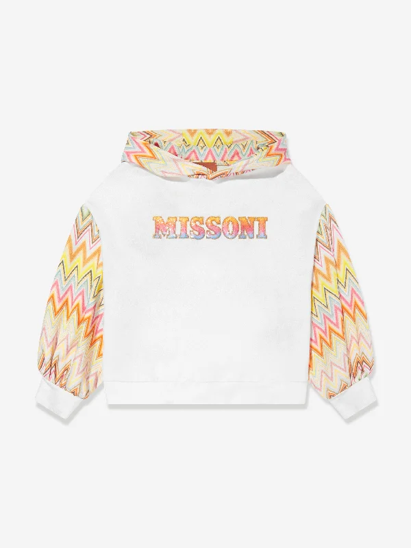 Missoni Girls Zigzag Logo Hoodie in Ivory Hoodie with Frayed Bohemian Relaxed
