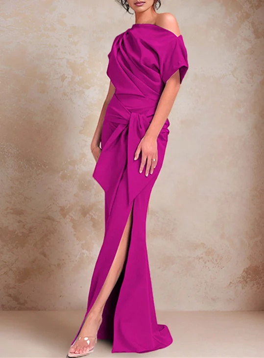 Trumpet/Mermaid One-Shoulder Short Sleeves Floor-Length Mother of the Bride Dresses with Ruffles & Split Side Tunics Luxurious high-end