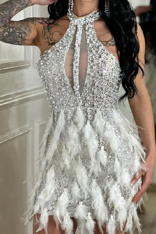 Sequined Feather Trim Stunning Halter Collar Mini Dress Fashionable Mini Dress with Pockets