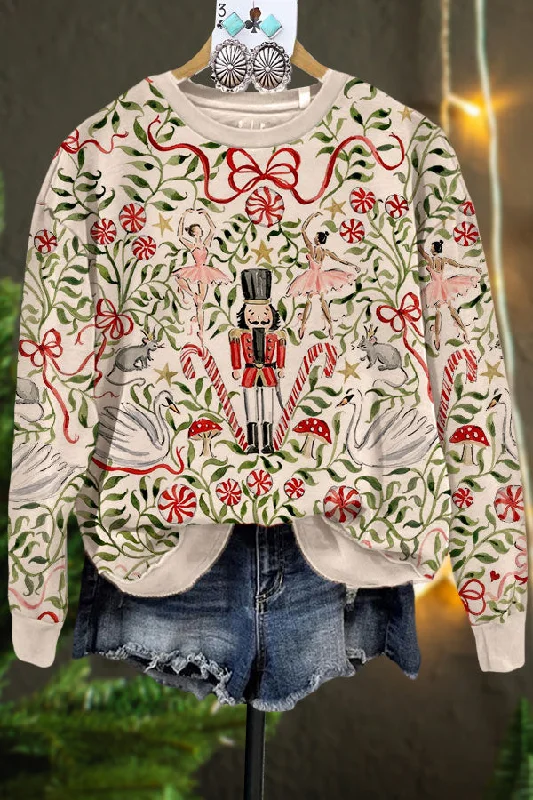 Vintage Nutcracker Print Sweatshirt Hoodie with Hem Fringe Bohemian Relaxed