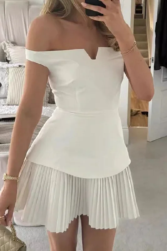 Solid Color Off Shoulder Elegant Peplum Pleated Mini Dress Classic Floral Mini Dress