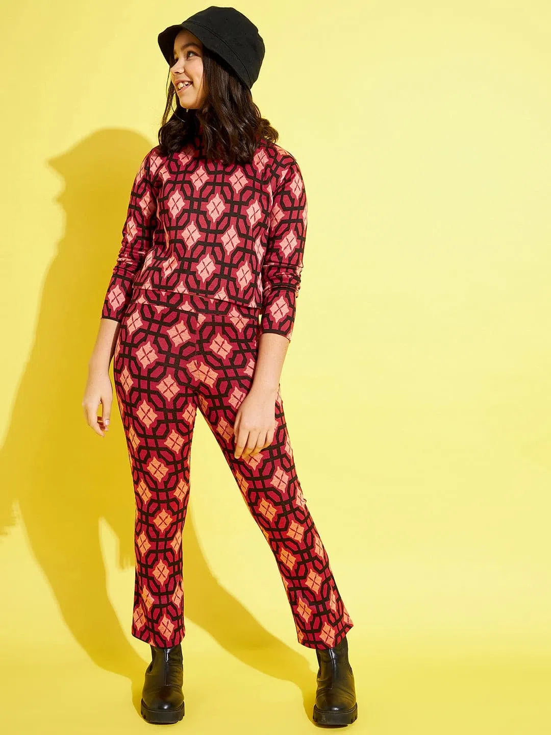Girls Red & Black Geo Top With Bell Bottom Pants Trendy Tapered Pants