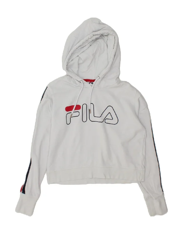 FILA Womens Graphic Crop Hoodie Jumper UK 14 Medium White Cotton Hoodie with Ribbed Hem Stretchable Secure FILA Womens Graphic Crop Hoodie Jumper UK 14 Medium White Cotton Hoodie with Ribbed Hem Stretchable Secure