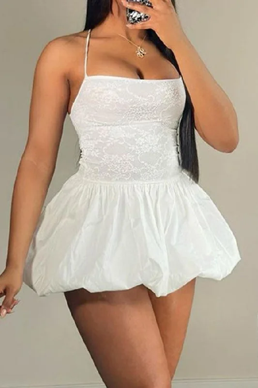 Solid Color Lace Patchwork Cute Strappy Bubble Mini Dress Stylish Puff Sleeve Mini Dress