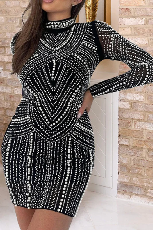 Rhinestone & Beaded Decor Stylish Mock Neck Mini Dress Stylish Button-Down Mini Dress