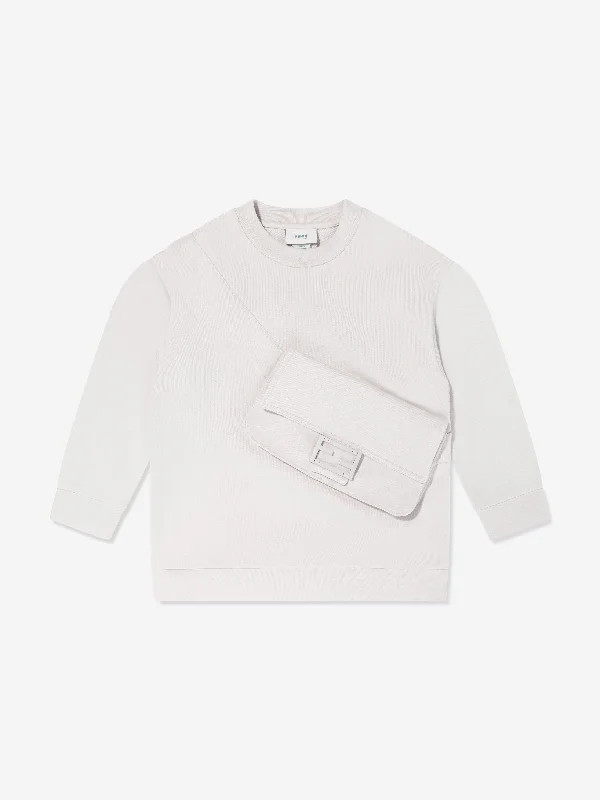 Fendi Kids Baguette Pocket Sweatshirt Ivory Hoodie with Longline Fit Extended Stylish Fendi Kids Baguette Pocket Sweatshirt Ivory Hoodie with Longline Fit Extended Stylish
