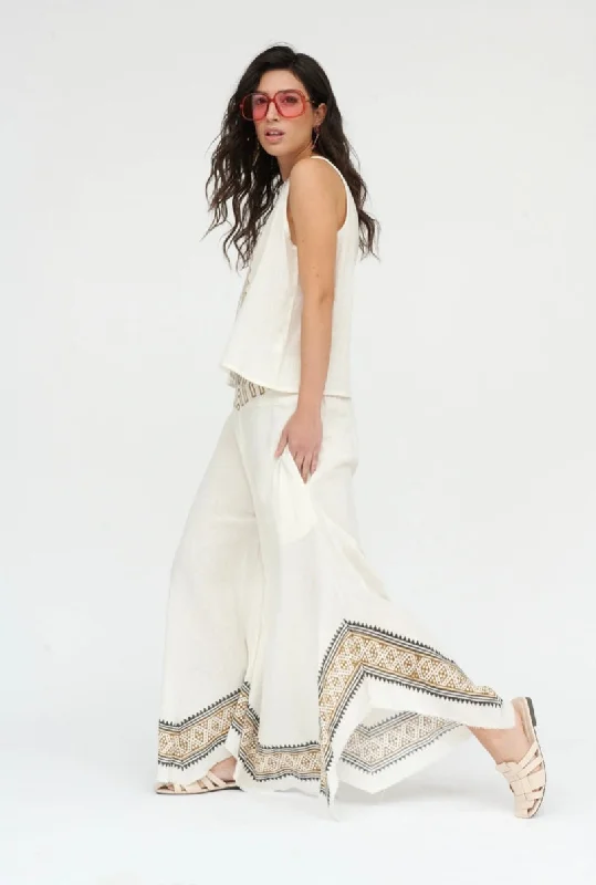 White Wide Leg Pants with Abstract Design Elegant Dress Pants