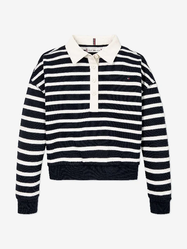 Tommy Hilfiger Girls Striped Polo Sweatshirt in Navy Zip Hoodie Drawstring Kangaroo Pocket Tommy Hilfiger Girls Striped Polo Sweatshirt in Navy Zip Hoodie Drawstring Kangaroo Pocket